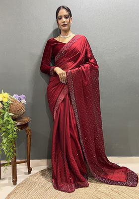 Maroon Embroidered Silk Pre Stitched Saree Set