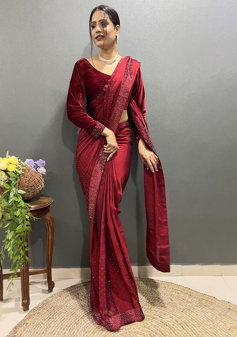 Maroon Embroidered Silk Pre Stitched Saree Set