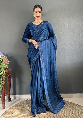 Teal Blue Embroidered Silk Pre Stitched Saree Set