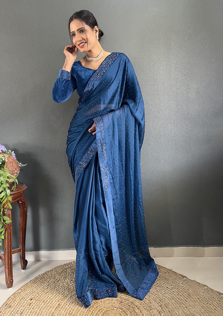 Teal Blue Embroidered Silk Pre Stitched Saree Set