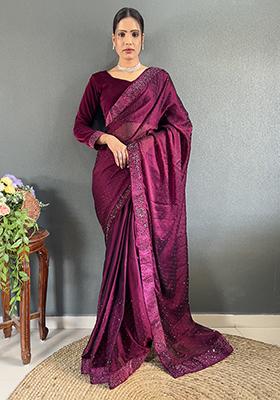 Wine Embroidered Silk Pre Stitched Saree Set