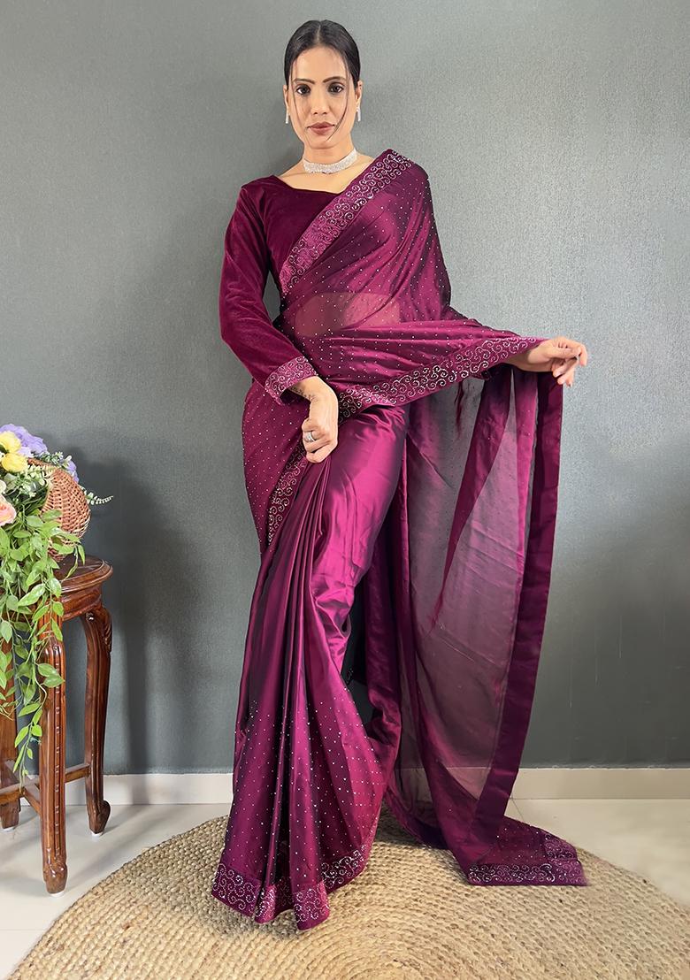 Wine Embroidered Silk Pre Stitched Saree Set