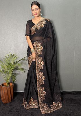 Black Embroidered Silk Pre Stitched Saree Set