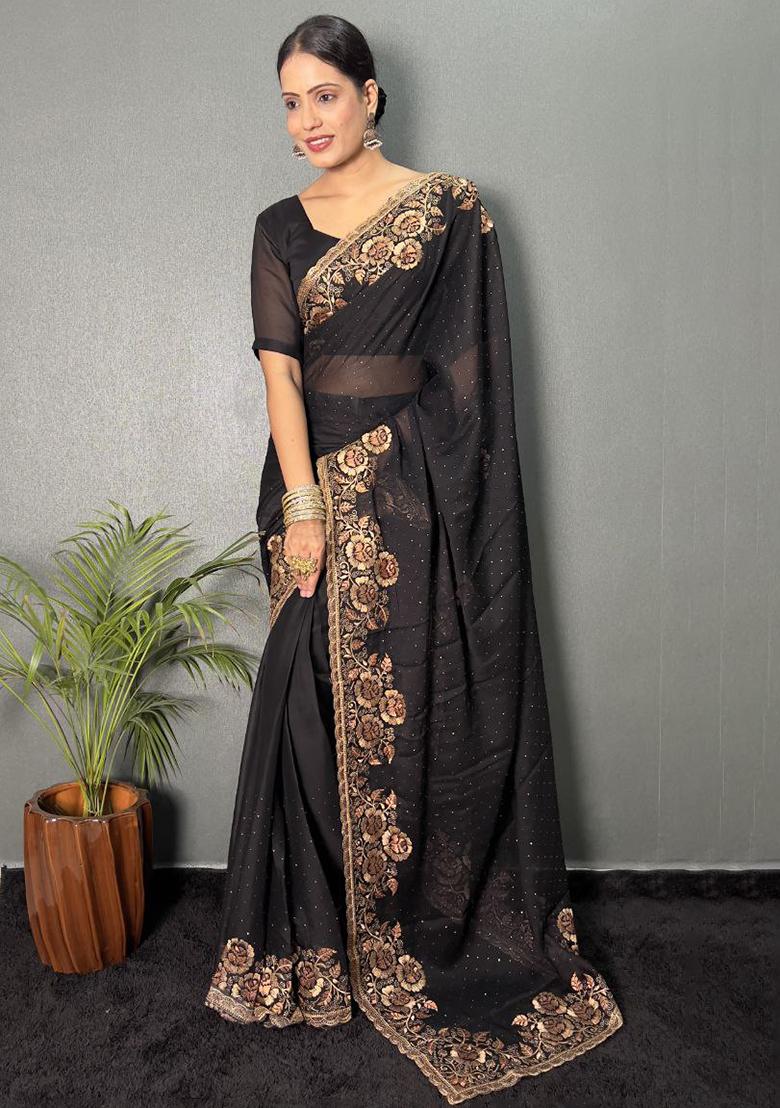 Black Embroidered Silk Pre Stitched Saree Set