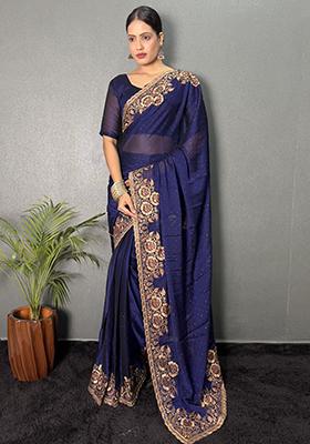 Blue Embroidered Silk Pre Stitched Saree Set