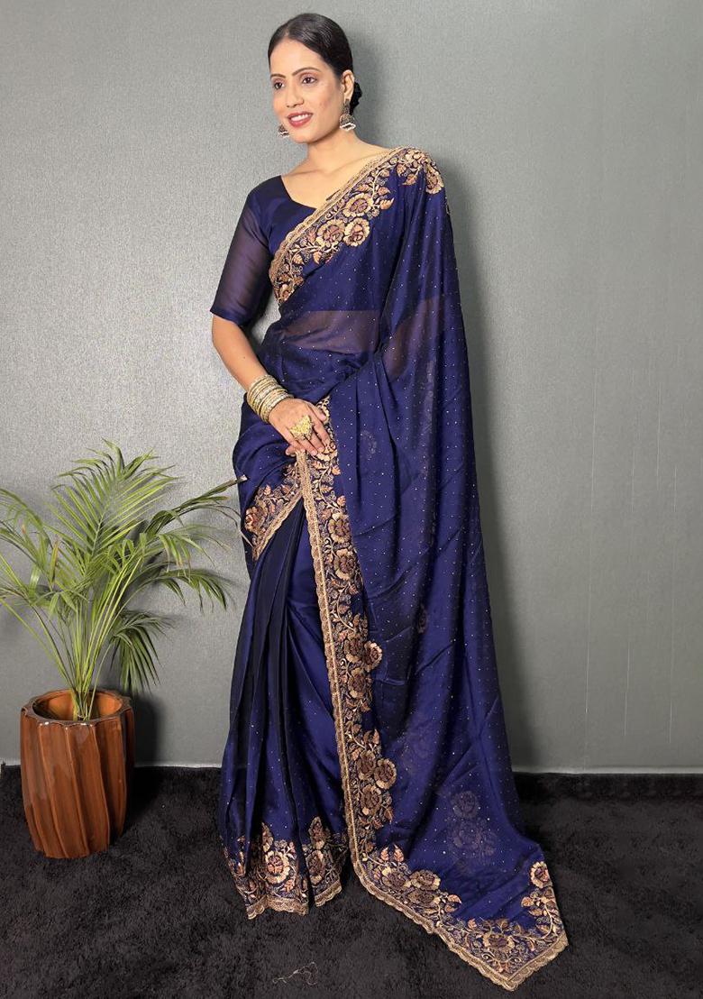 Blue Embroidered Silk Pre Stitched Saree Set
