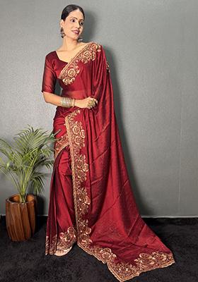Maroon Embroidered Silk Pre Stitched Saree Set