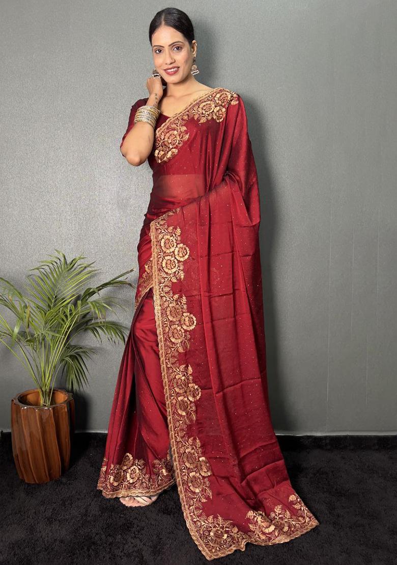 Maroon Embroidered Silk Pre Stitched Saree Set