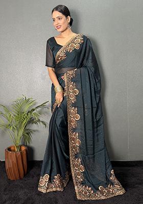 Morpeach Blue Embroidered Silk Pre Stitched Saree Set