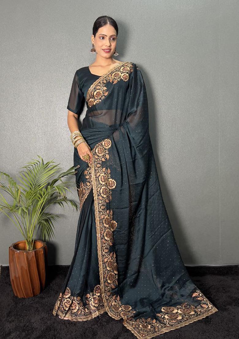 Morpeach Blue Embroidered Silk Pre Stitched Saree Set