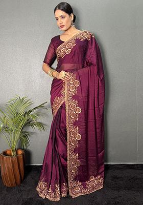 Wine Embroidered Silk Pre Stitched Saree Set