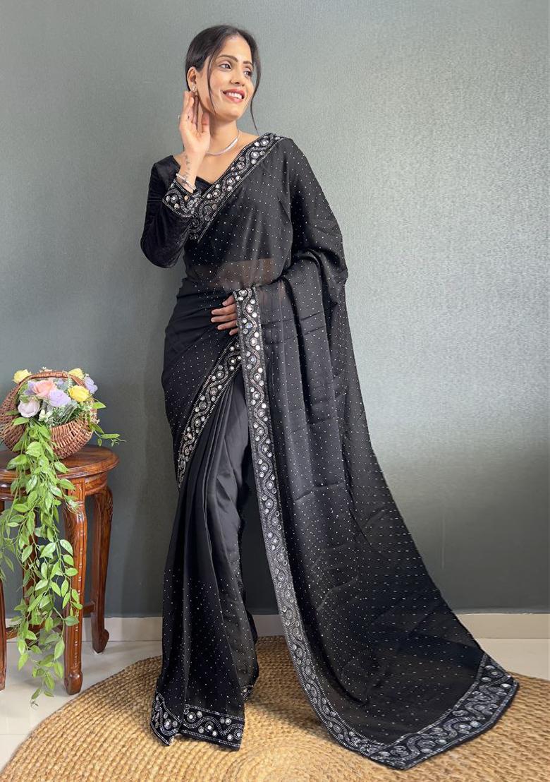 Black Embroidered Silk Pre Stitched Saree Set
