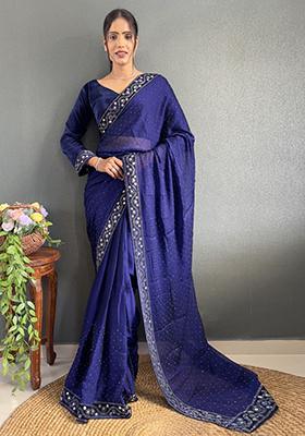 Blue Embroidered Silk Pre Stitched Saree Set