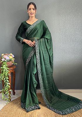 Green Embroidered Silk Pre Stitched Saree Set