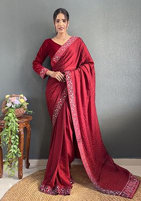 Red Embroidered Silk Pre Stitched Saree Set