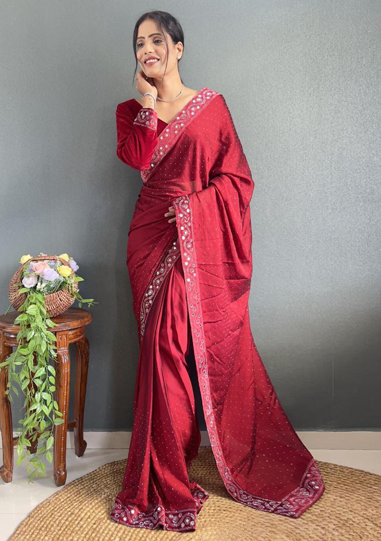Red Embroidered Silk Pre Stitched Saree Set
