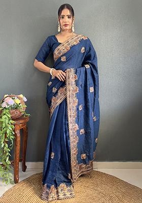 Blue Embroidered Silk Pre Stitched Saree Set
