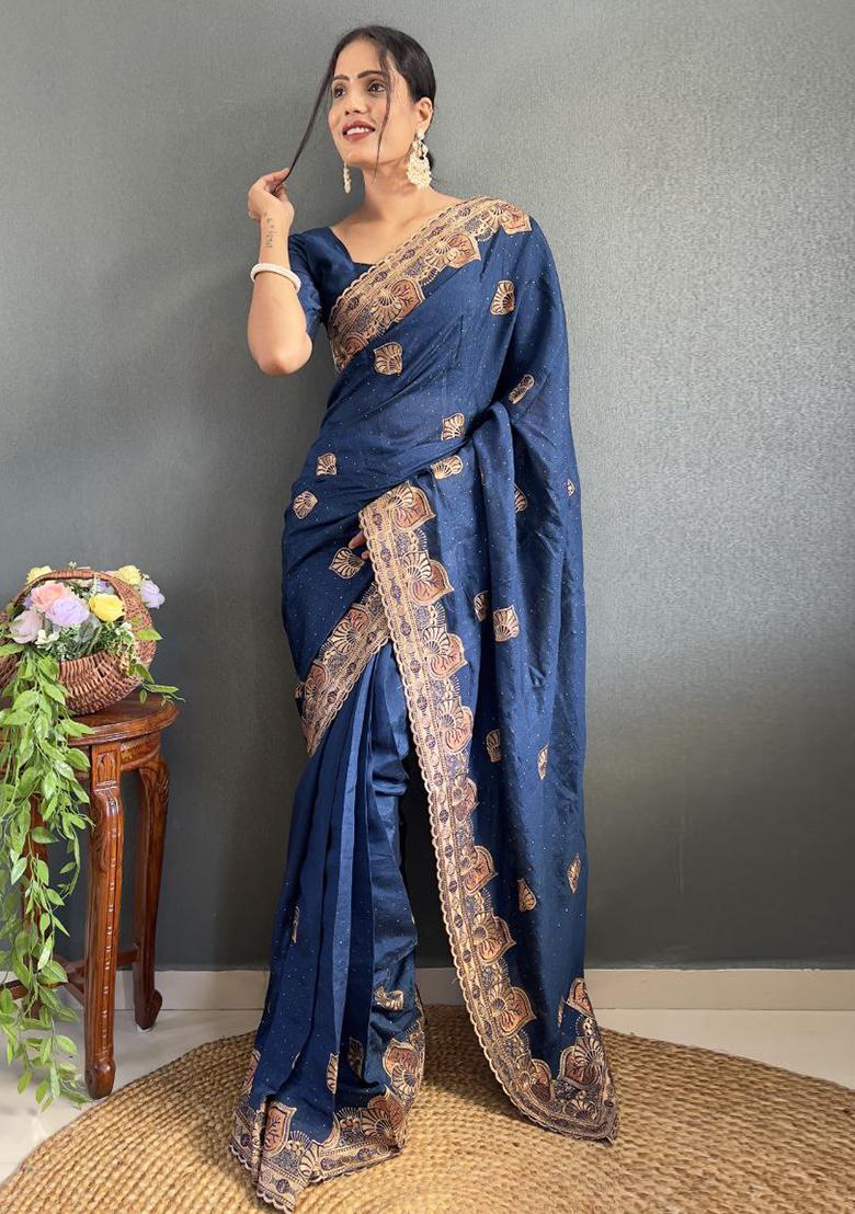 Blue Embroidered Silk Pre Stitched Saree Set