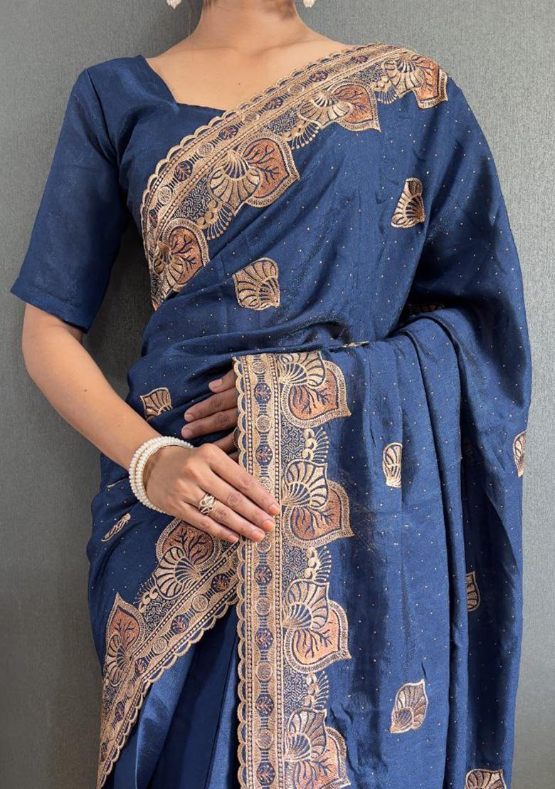 Blue Embroidered Silk Pre Stitched Saree Set
