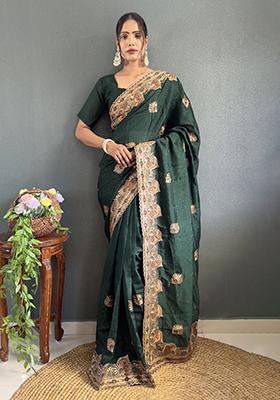 Green Embroidered Silk Pre Stitched Saree Set
