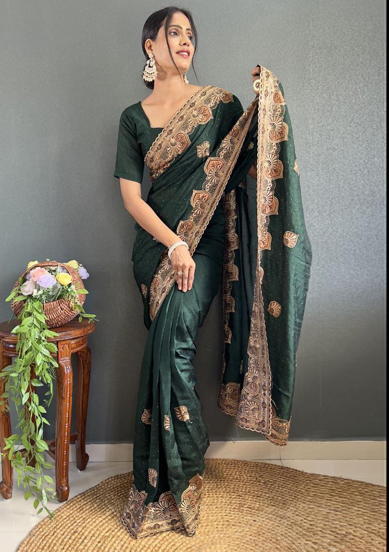 Green Embroidered Silk Pre Stitched Saree Set