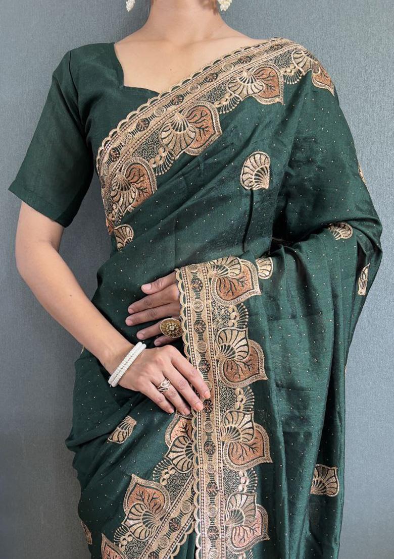 Green Embroidered Silk Pre Stitched Saree Set