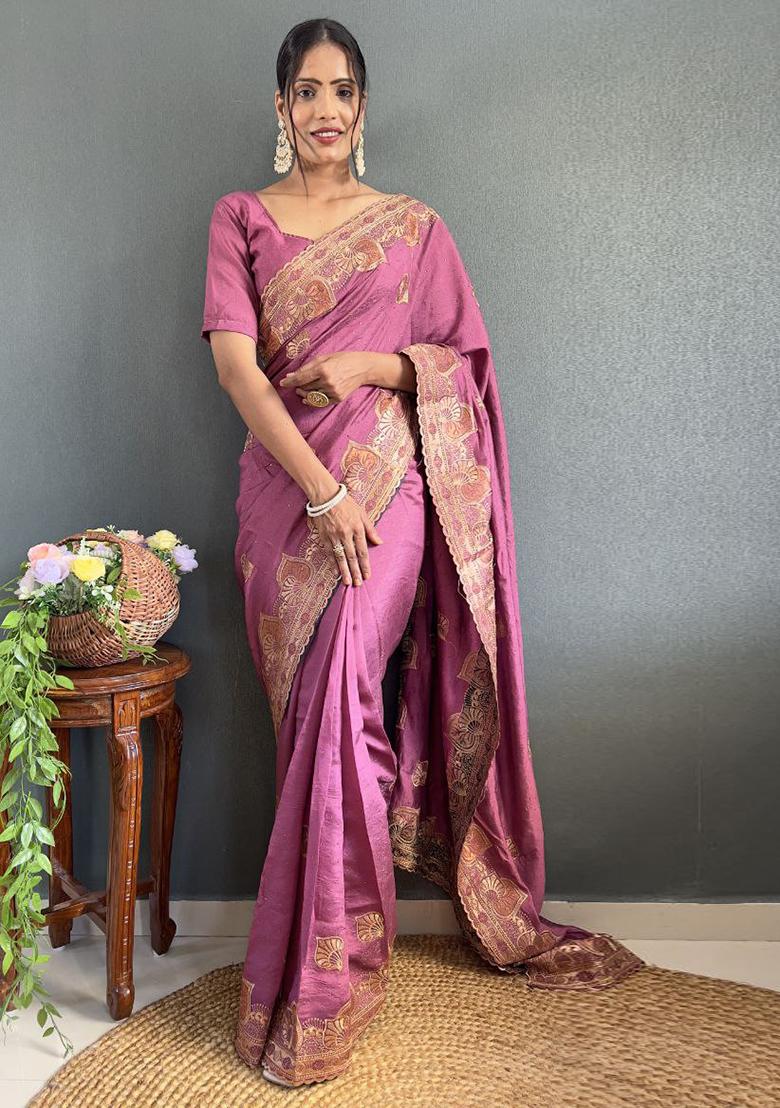 Mauve Embroidered Silk Pre Stitched Saree Set