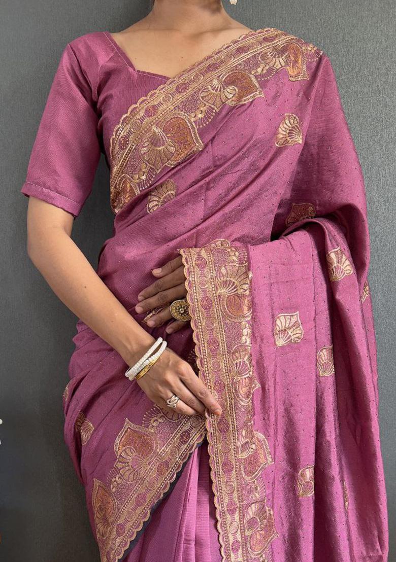 Mauve Embroidered Silk Pre Stitched Saree Set