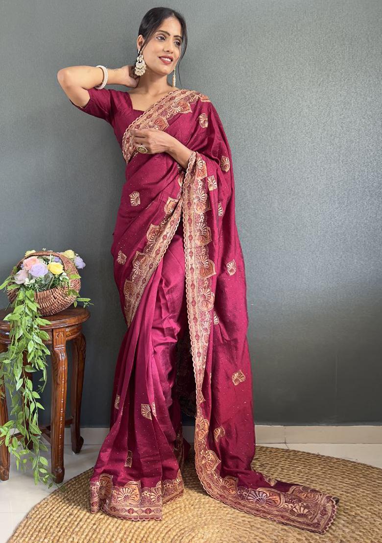 Pink Embroidered Silk Pre Stitched Saree Set