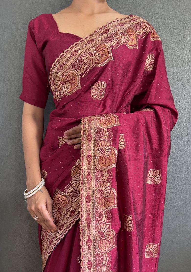 Pink Embroidered Silk Pre Stitched Saree Set