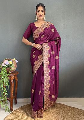 Purple Embroidered Silk Pre Stitched Saree Set