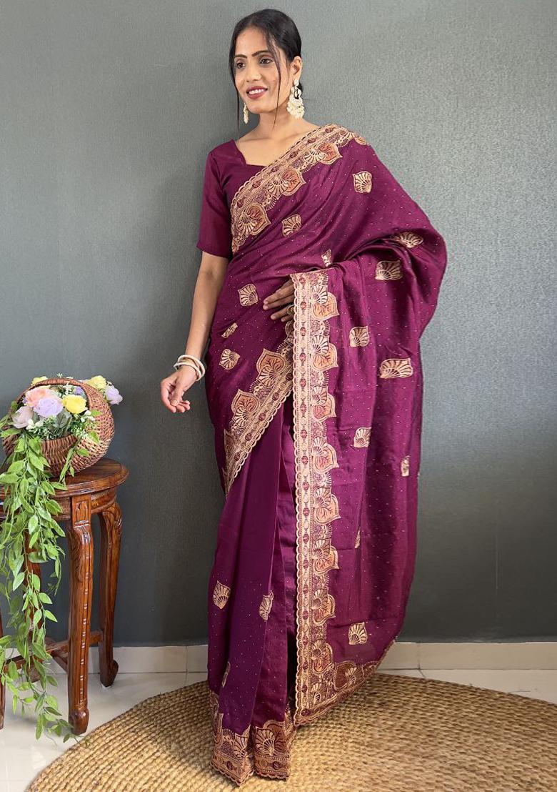 Purple Embroidered Silk Pre Stitched Saree Set