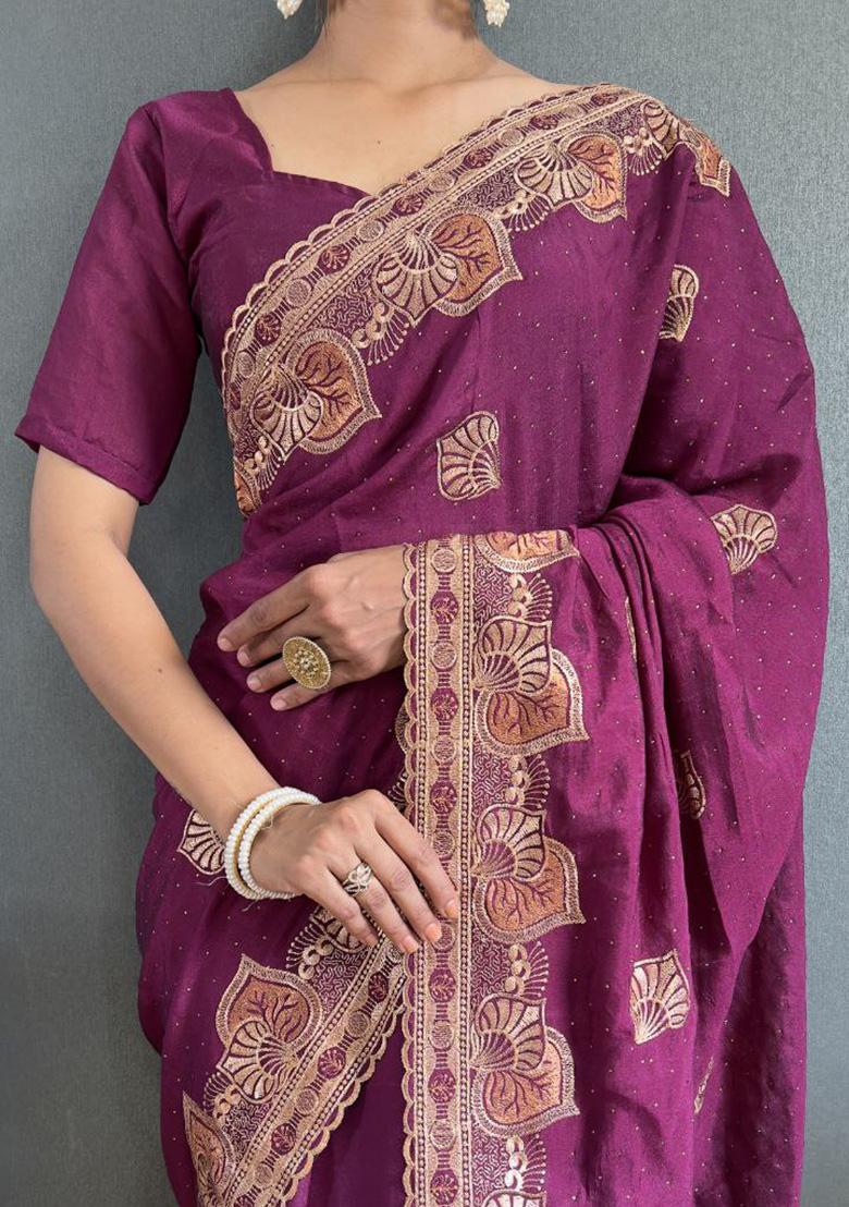 Purple Embroidered Silk Pre Stitched Saree Set