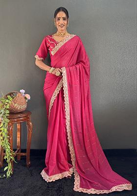 Pink Embroidered Silk Pre Stitched Saree Set