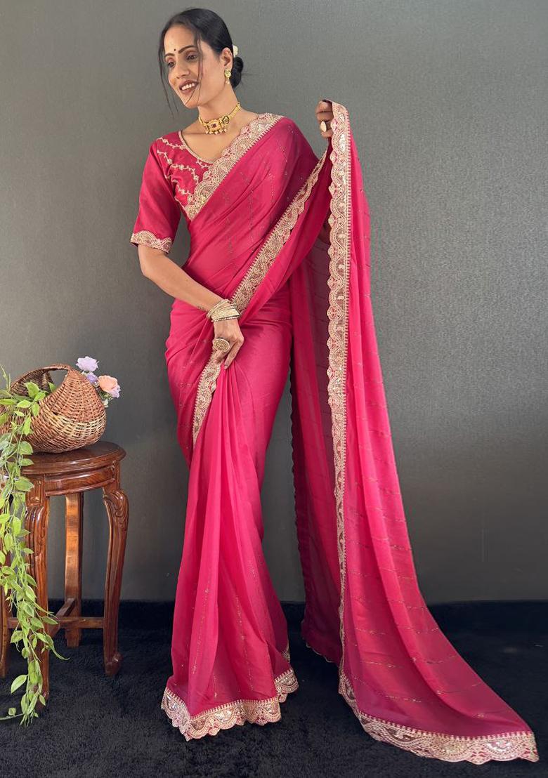 Pink Embroidered Silk Pre Stitched Saree Set