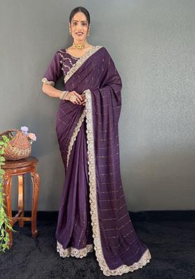 Purple Embroidered Silk Pre Stitched Saree Set