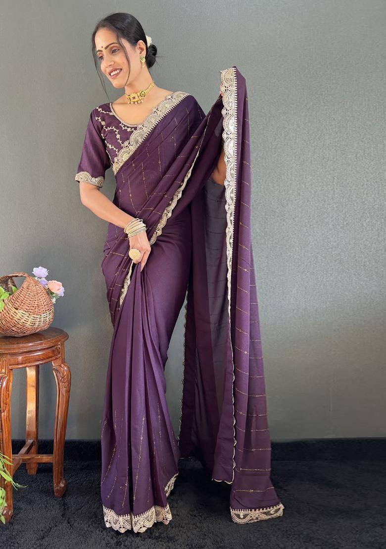Purple Embroidered Silk Pre Stitched Saree Set