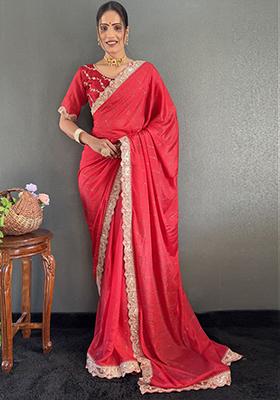 Red Embroidered Silk Pre Stitched Saree Set