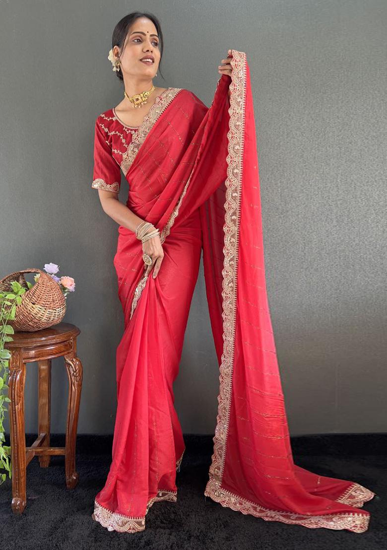 Red Embroidered Silk Pre Stitched Saree Set