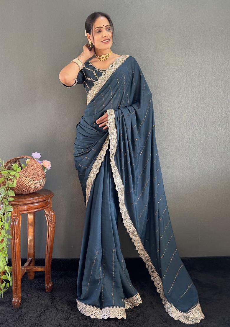 Sea Blue Embroidered Silk Pre Stitched Saree Set