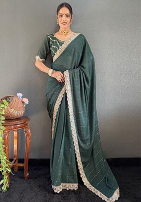 Sea Green Embroidered Silk Pre Stitched Saree Set