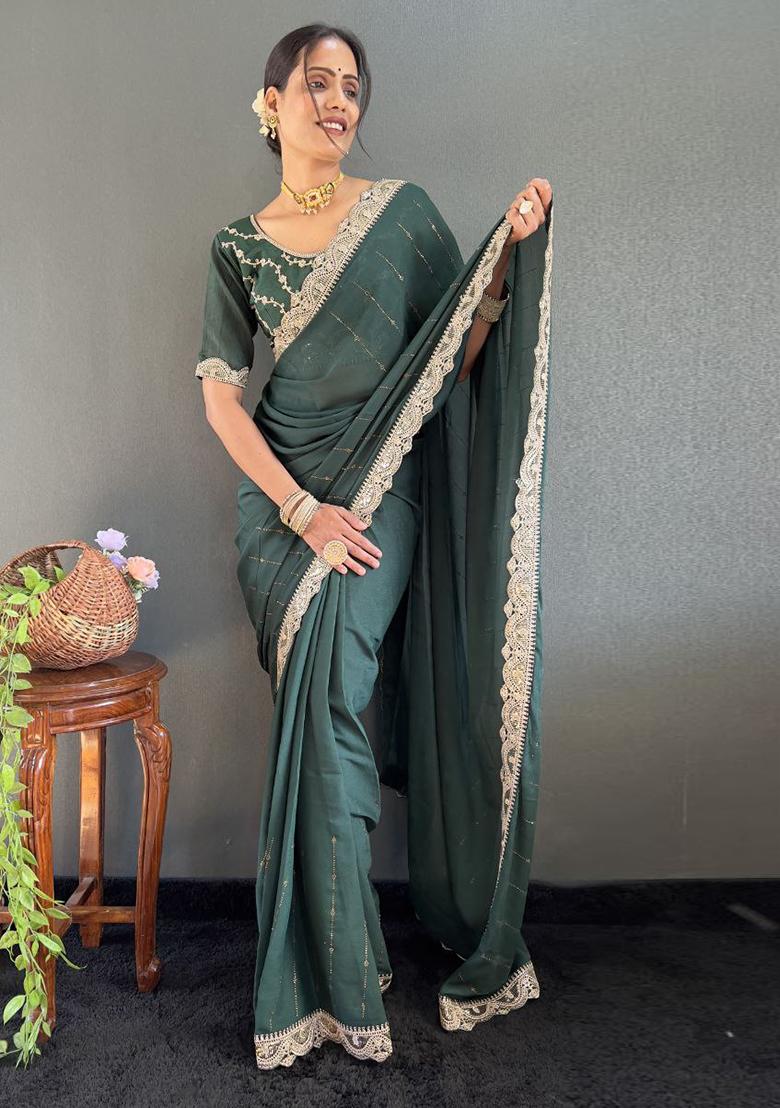 Sea Green Embroidered Silk Pre Stitched Saree Set