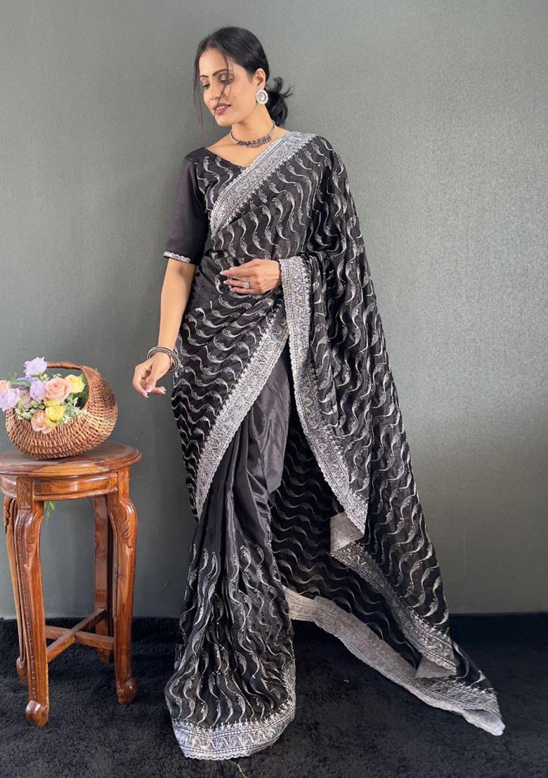 Black Embroidered Silk Pre Stitched Saree Set