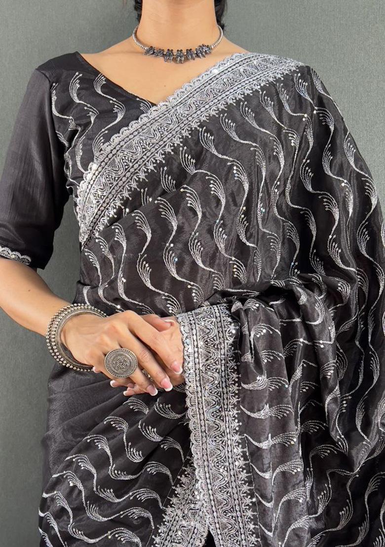 Black Embroidered Silk Pre Stitched Saree Set