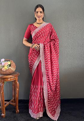Pink Embroidered Silk Pre Stitched Saree Set