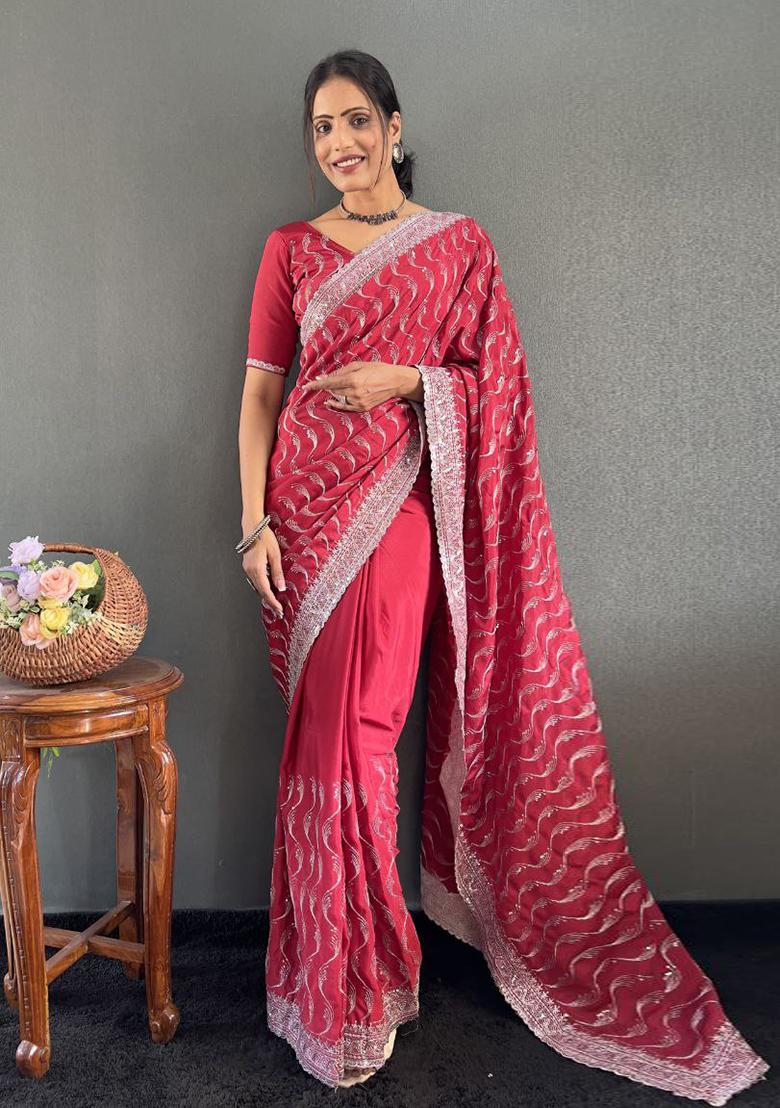 Pink Embroidered Silk Pre Stitched Saree Set