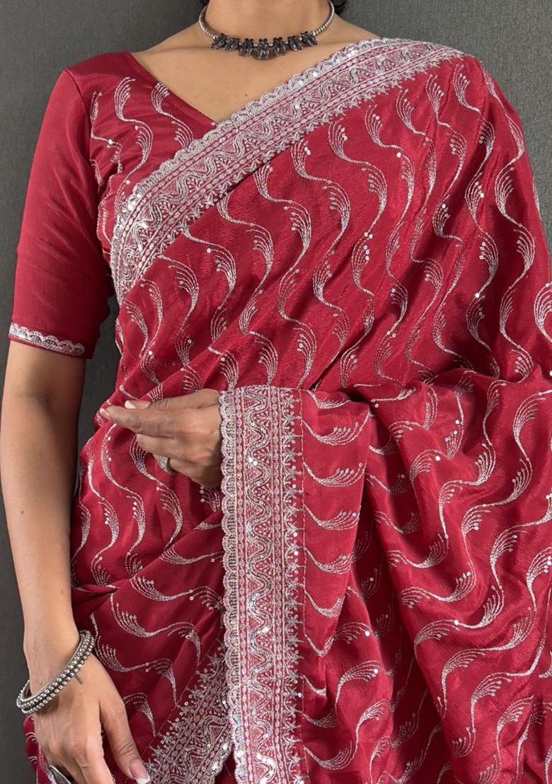 Pink Embroidered Silk Pre Stitched Saree Set
