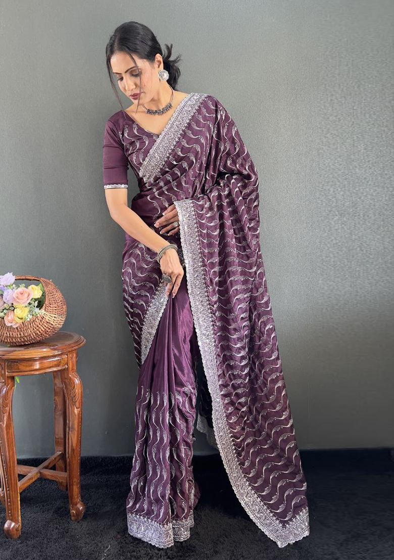 Purple Embroidered Silk Pre Stitched Saree Set