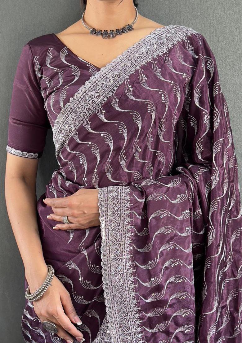 Purple Embroidered Silk Pre Stitched Saree Set