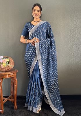 Sea Blue Embroidered Silk Pre Stitched Saree Set